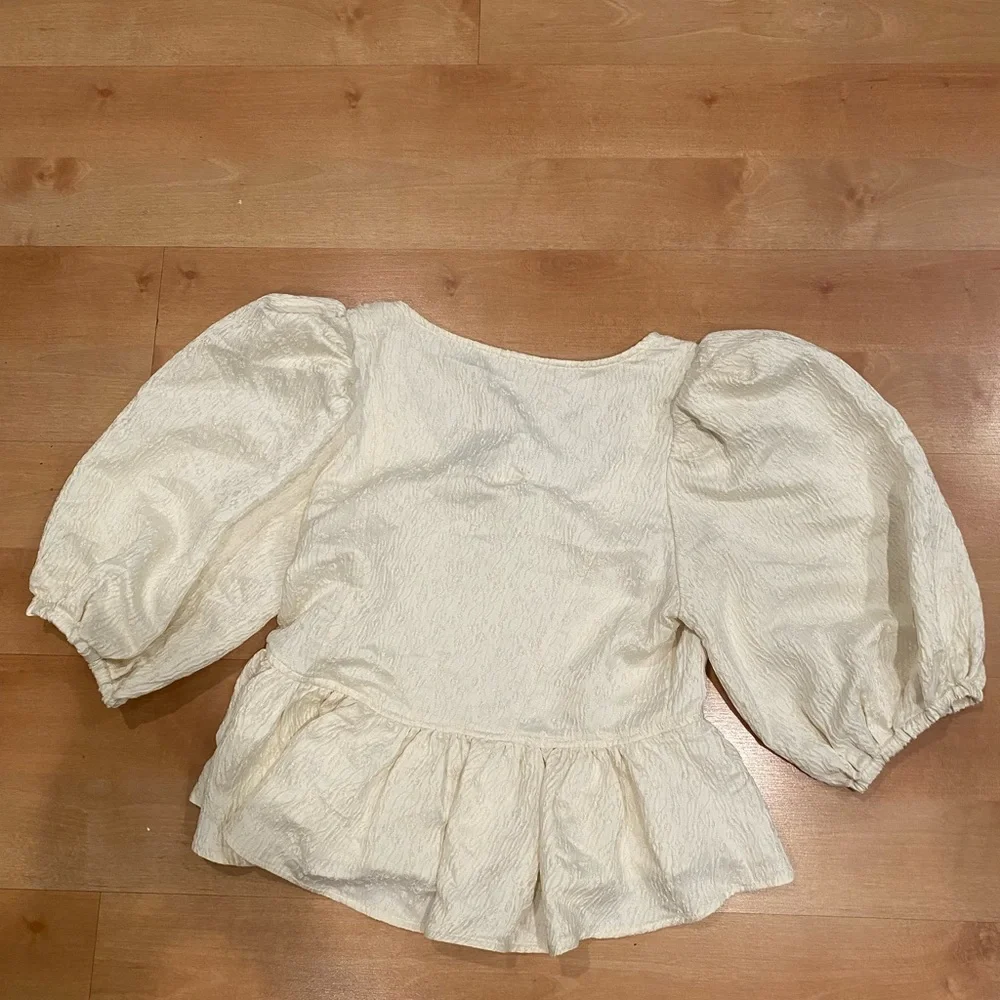 Nordstrom Cream Puff-Sleeve Peplum Top with Black Tie
